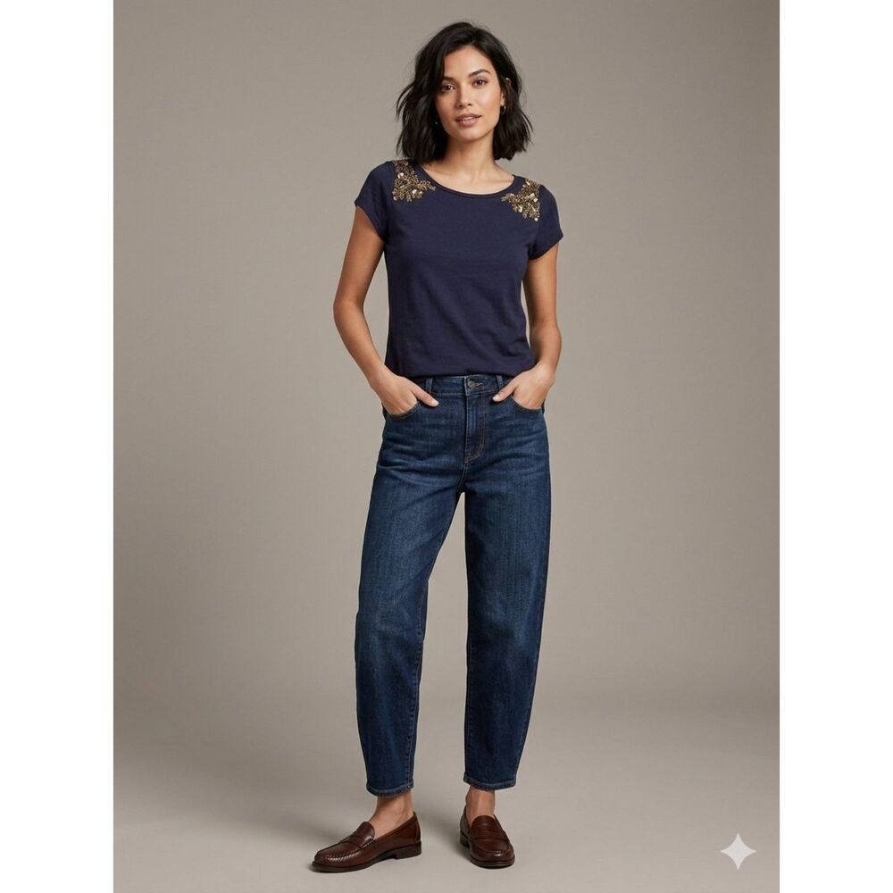 LOFT Navy Blue Gold Sequin Shoulder Embellished Knit Tee Short Sleeve Top
